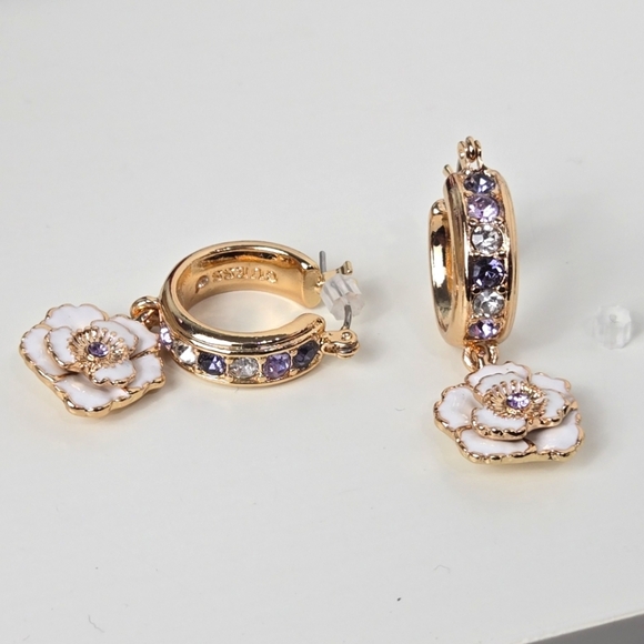Guess Elegant Gold Tone Tan Enamel Purple Stones  Floral Hoop Earrings - Picture 6 of 16